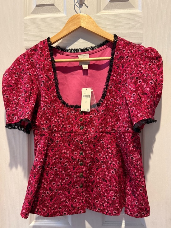 Maeve Tops - Maeve Pink Floral Scoop-Neck Blouse with Black Lace Trim